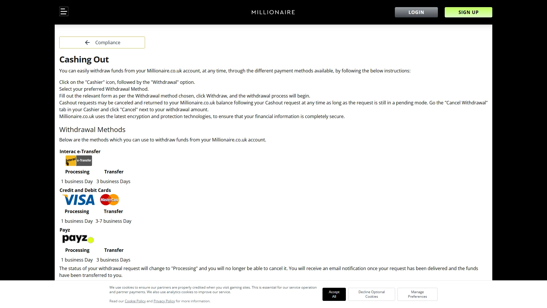 Millionaire Casino cashier: deposit and withdrawal options